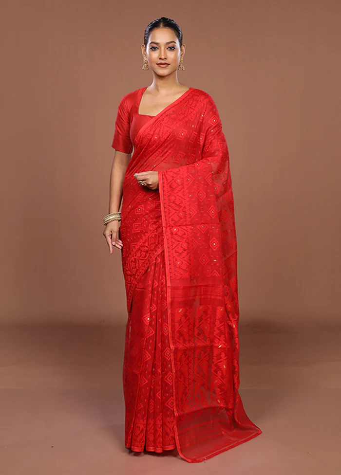 Red Jamdani Cotton Saree Without Blouse Piece - Image 2