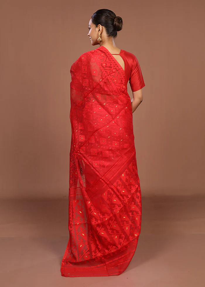 Red Jamdani Cotton Saree Without Blouse Piece - Image 3