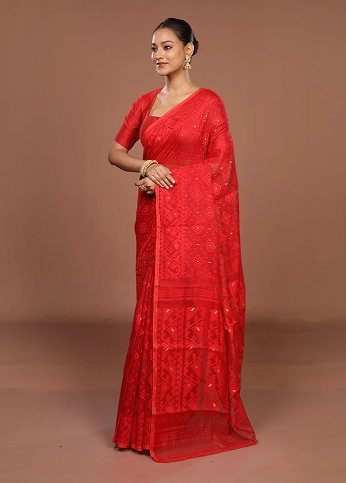 Red Jamdani Cotton Saree Without Blouse Piece - Image 4