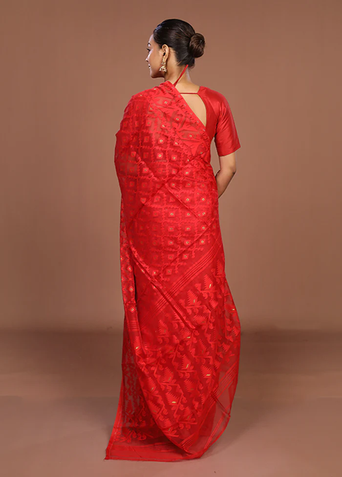 Red Jamdani Cotton Saree Without Blouse Piece - Image 3