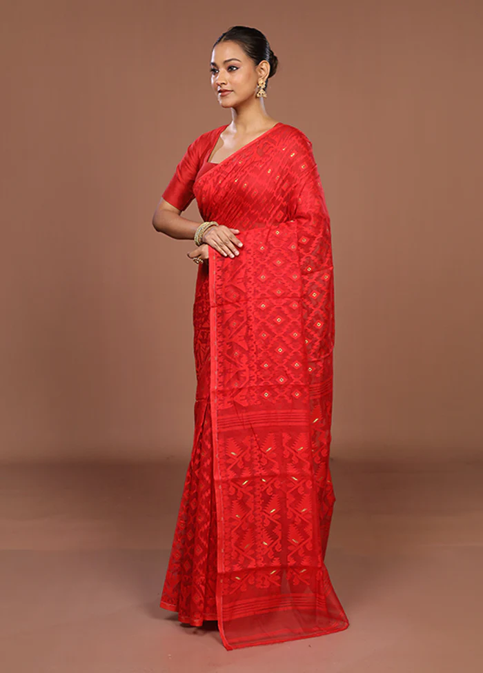 Red Jamdani Cotton Saree Without Blouse Piece - Image 4