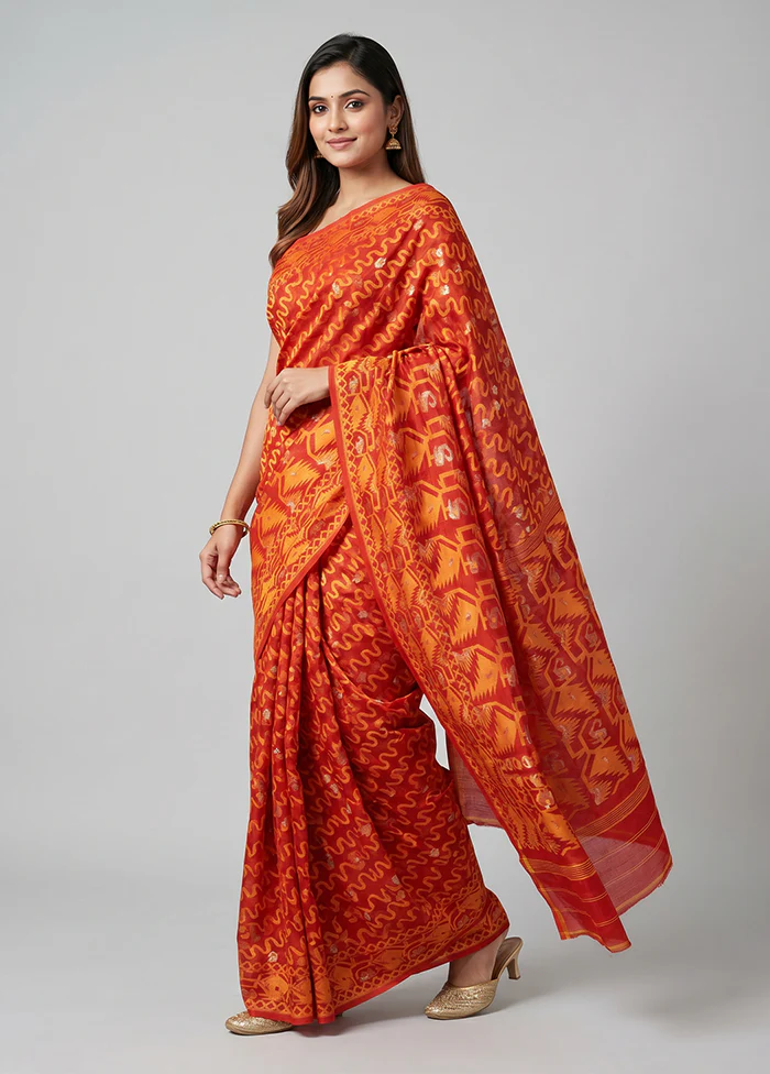 Red Jamdani Cotton Saree Without Blouse Piece