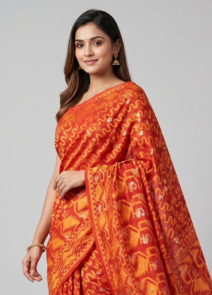 Red Jamdani Cotton Saree Without Blouse Piece - Image 2