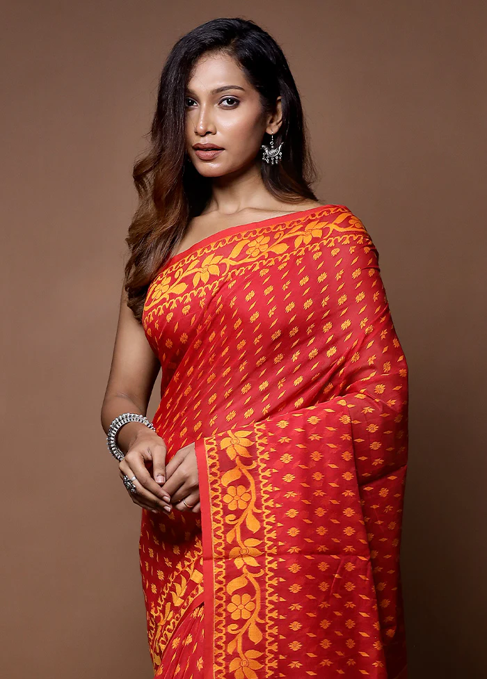 Red Tant Jamdani Saree Without Blouse Piece