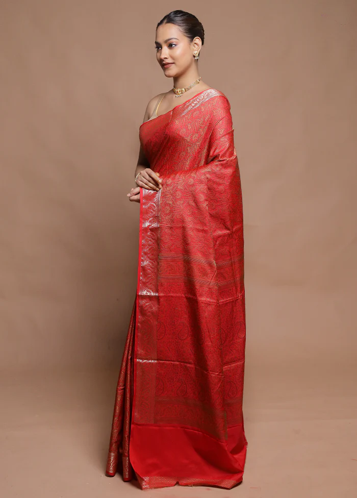 Red Jamewar Silk Saree With Blouse Piece - Image 4