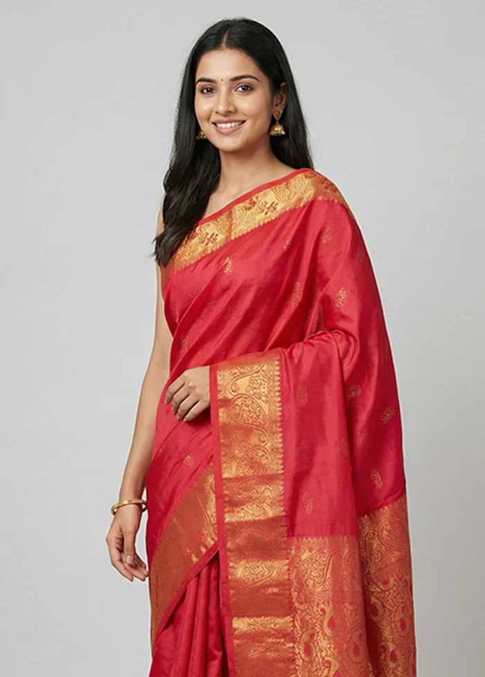 Red Kanjivaram Silk Saree With Blouse Piece - Image 2