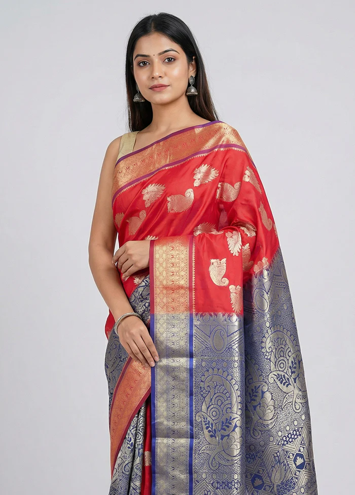 Red Kanjivaram Silk Saree With Blouse Piece - Image 2