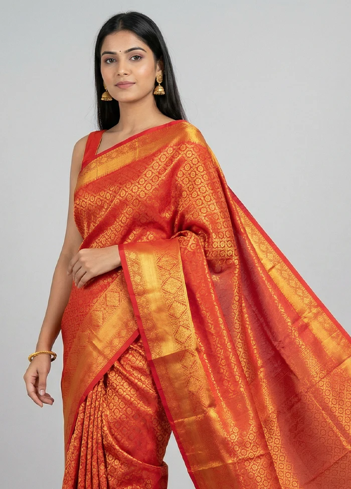 Red Kanjivaram Silk Saree With Blouse Piece - Image 2