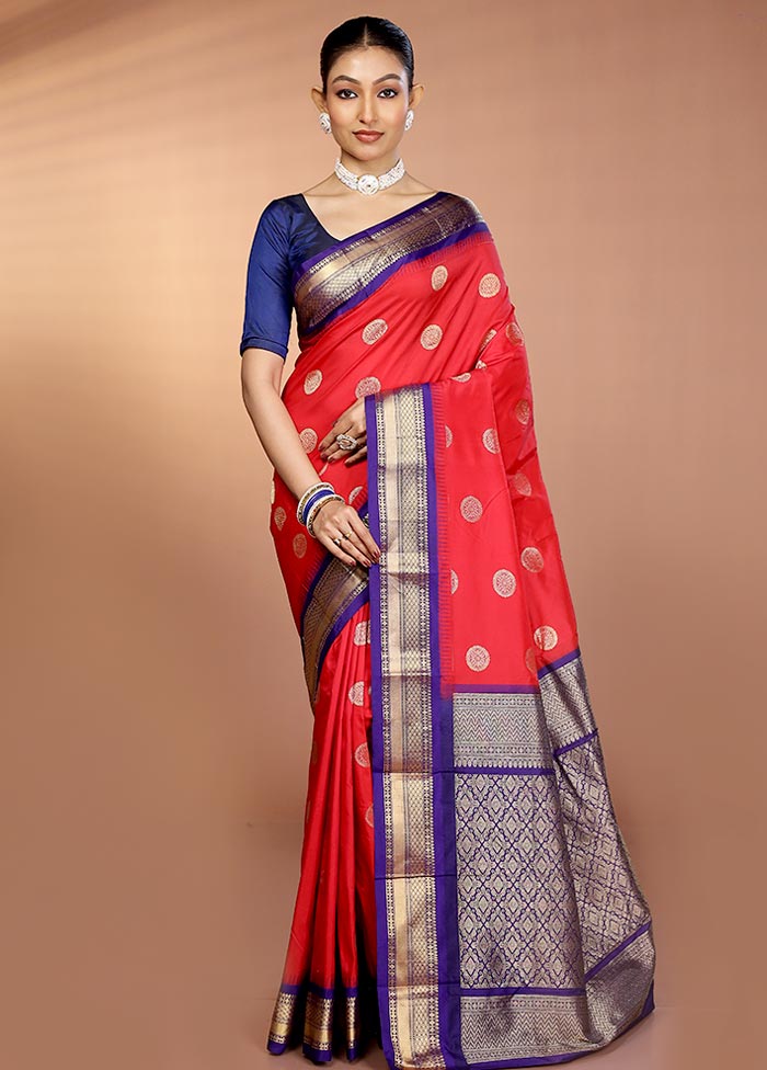 Red Kanjivaram Silk Saree With Blouse Piece - Image 2