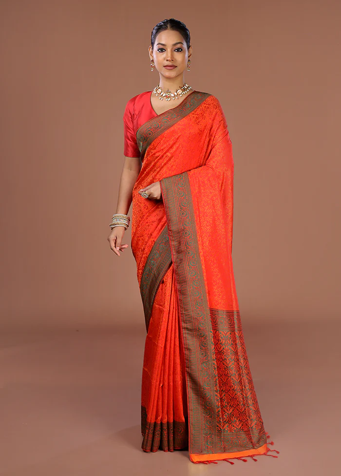 Orange Kanjivaram Silk Saree With Blouse Piece - Image 2