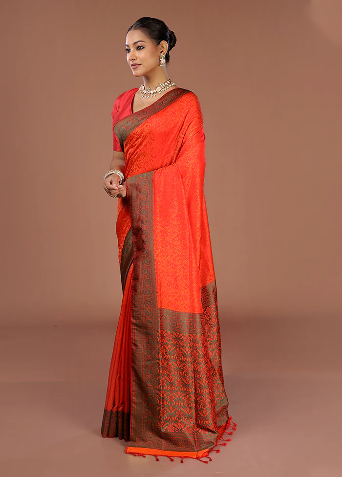 Orange Kanjivaram Silk Saree With Blouse Piece - Image 4