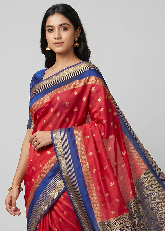 Red Kanjivaram Silk Saree With Blouse Piece - Image 2