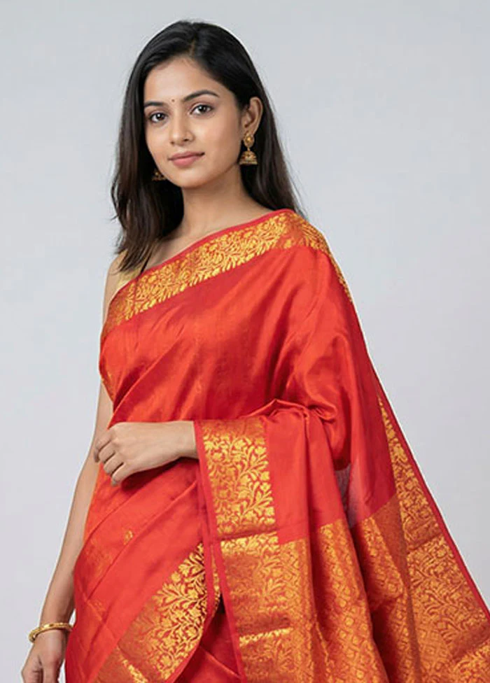 Red Kanjivaram Silk Saree With Blouse Piece - Image 2