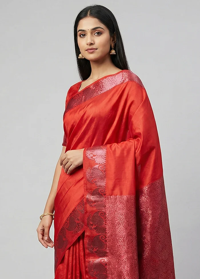 Red Kanjivaram Silk Saree With Blouse Piece - Image 2
