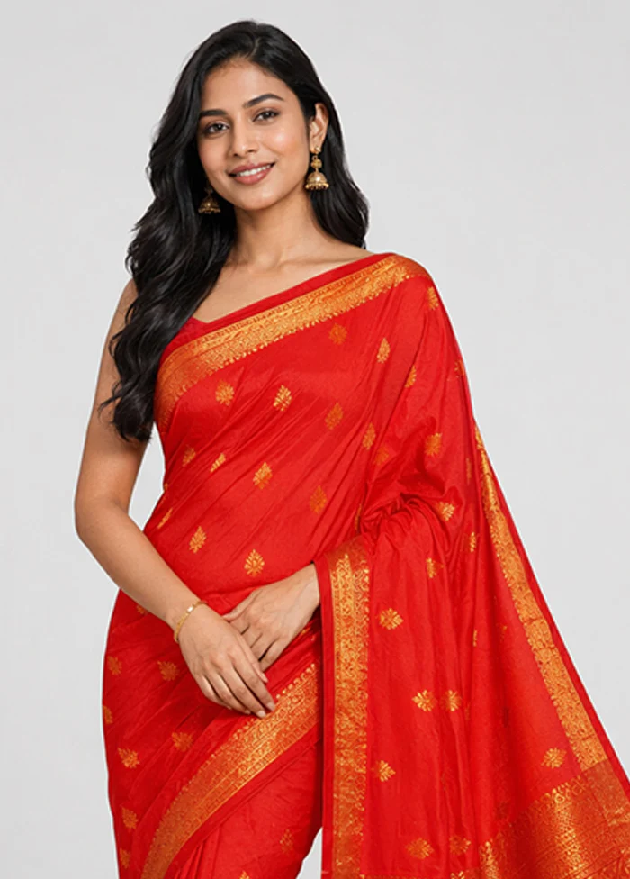 Red Kanjivaram Silk Saree With Blouse Piece - Image 2