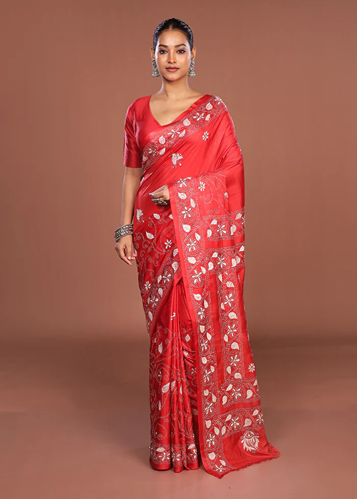 Red Kantha Stitch Silk Saree With Blouse Piece - Image 2