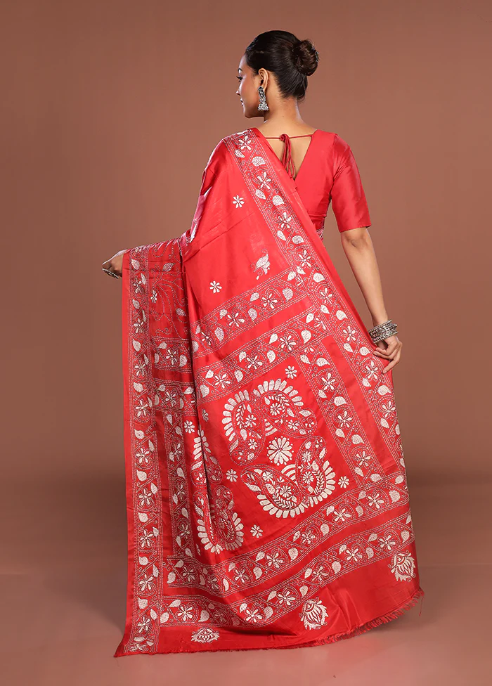Red Kantha Stitch Silk Saree With Blouse Piece - Image 3