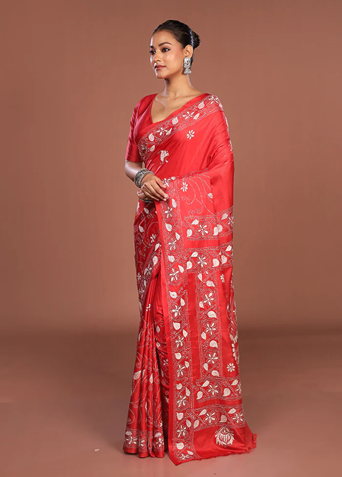 Red Kantha Stitch Silk Saree With Blouse Piece - Image 4