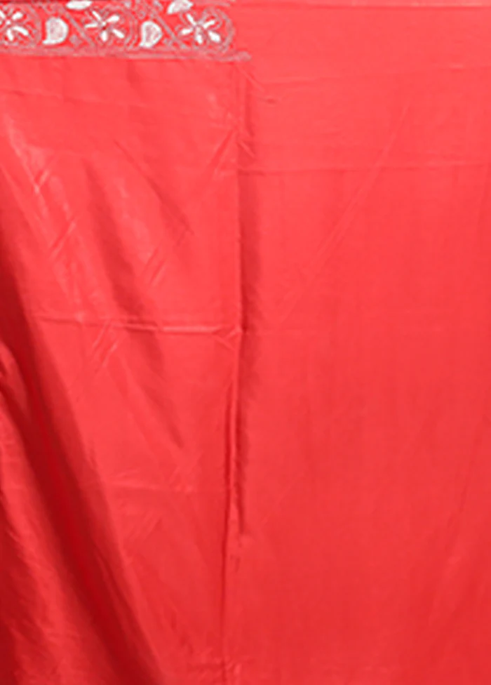 Red Kantha Stitch Silk Saree With Blouse Piece - Image 5