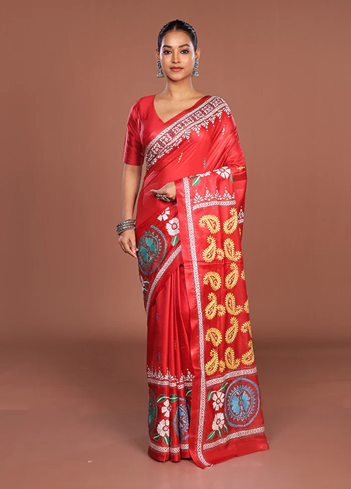 Red Kantha Stitch Silk Saree With Blouse Piece - Image 2