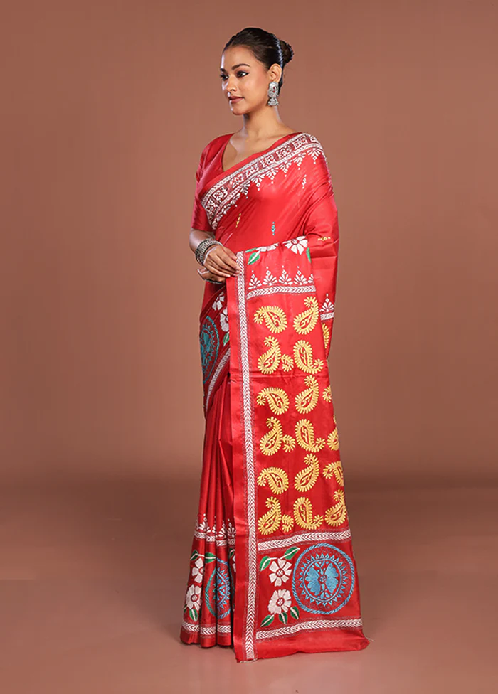 Red Kantha Stitch Silk Saree With Blouse Piece - Image 4