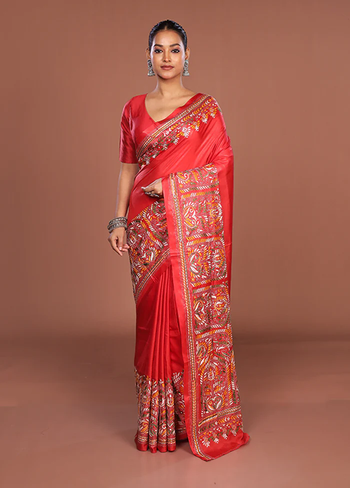 Red Kantha Stitch Silk Saree With Blouse Piece - Image 2