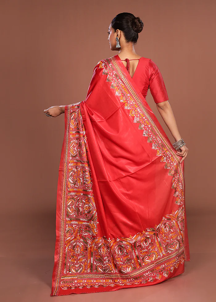 Red Kantha Stitch Silk Saree With Blouse Piece - Image 3