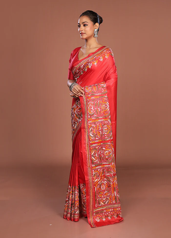 Red Kantha Stitch Silk Saree With Blouse Piece - Image 4