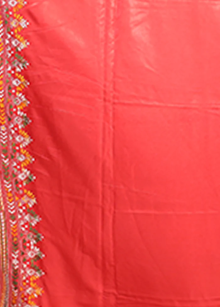 Red Kantha Stitch Silk Saree With Blouse Piece - Image 5