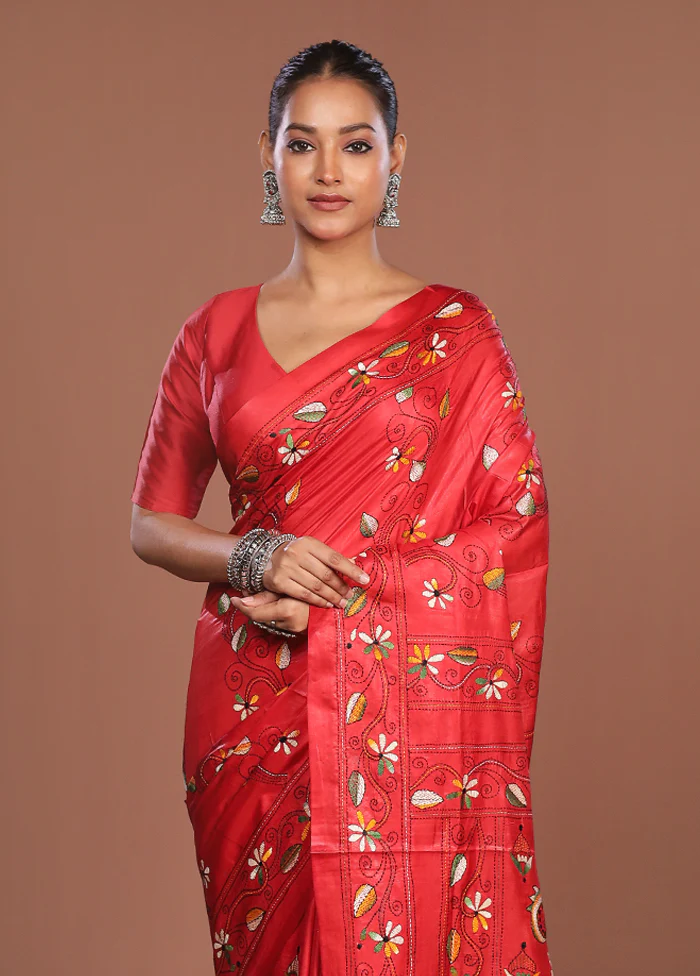 Red Kantha Stitch Silk Saree With Blouse Piece