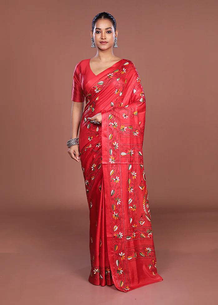 Red Kantha Stitch Silk Saree With Blouse Piece - Image 2