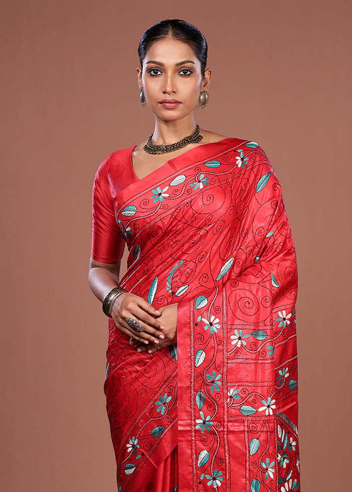 Red Kantha Stitch Silk Saree With Blouse Piece