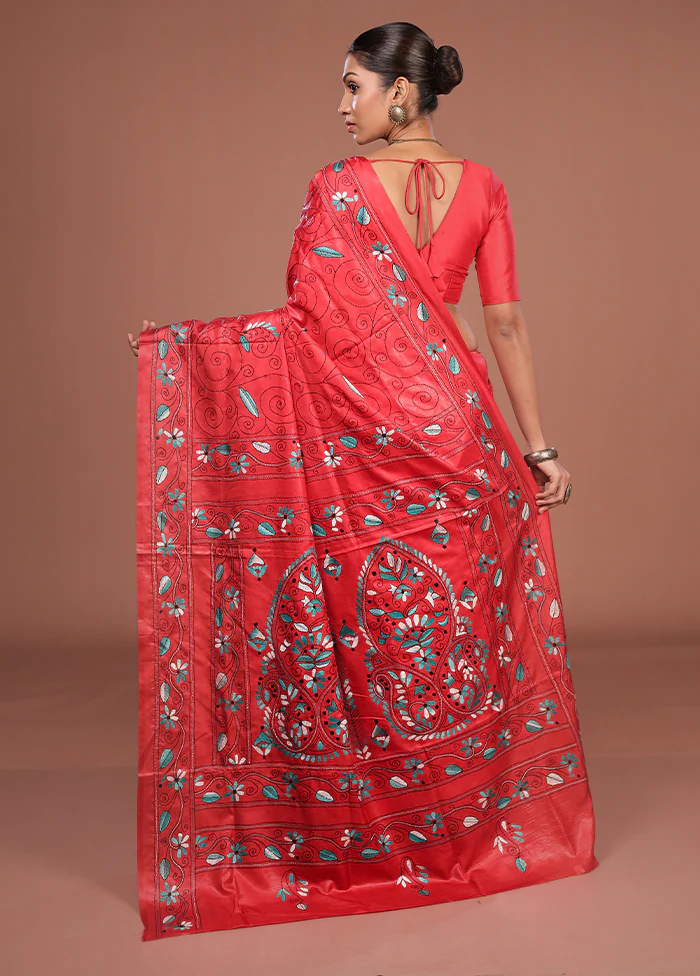 Red Kantha Stitch Silk Saree With Blouse Piece - Image 3