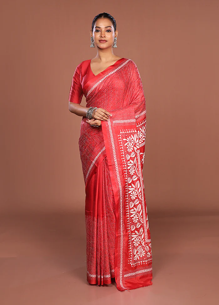 Red Kantha Stitch Silk Saree With Blouse Piece - Image 2