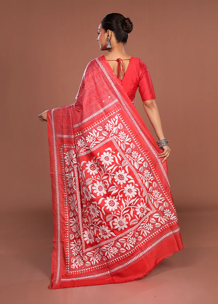 Red Kantha Stitch Silk Saree With Blouse Piece - Image 3