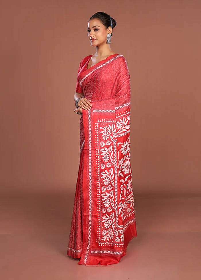 Red Kantha Stitch Silk Saree With Blouse Piece - Image 4