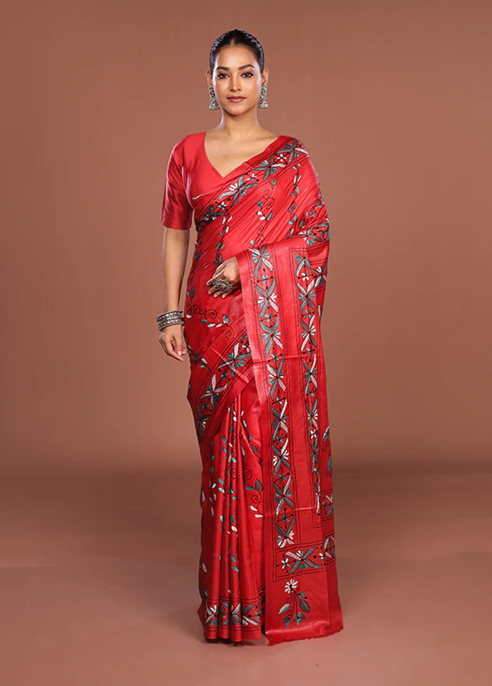 Red Kantha Stitch Silk Saree With Blouse Piece - Image 2