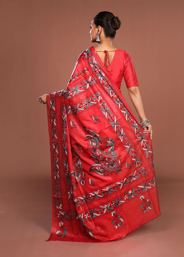 Red Kantha Stitch Silk Saree With Blouse Piece - Image 3