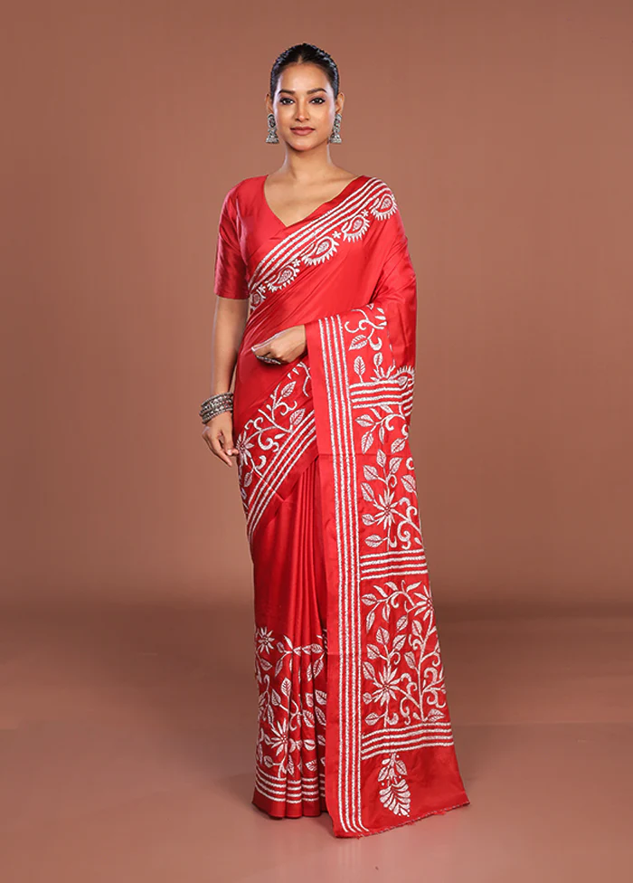 Red Kantha Stitch Silk Saree With Blouse Piece - Image 2