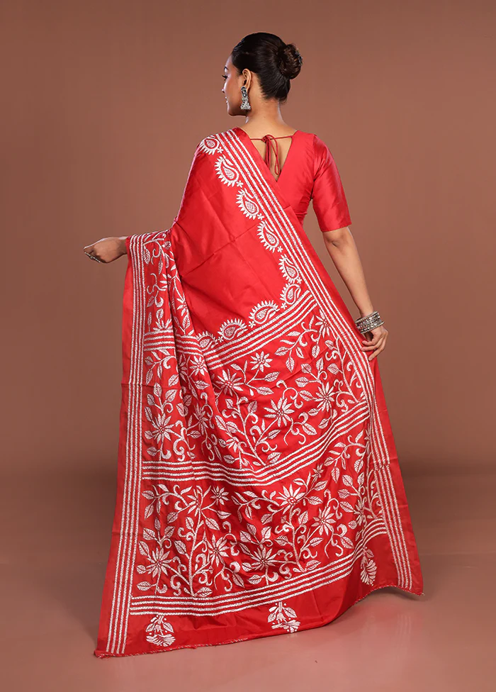 Red Kantha Stitch Silk Saree With Blouse Piece - Image 3