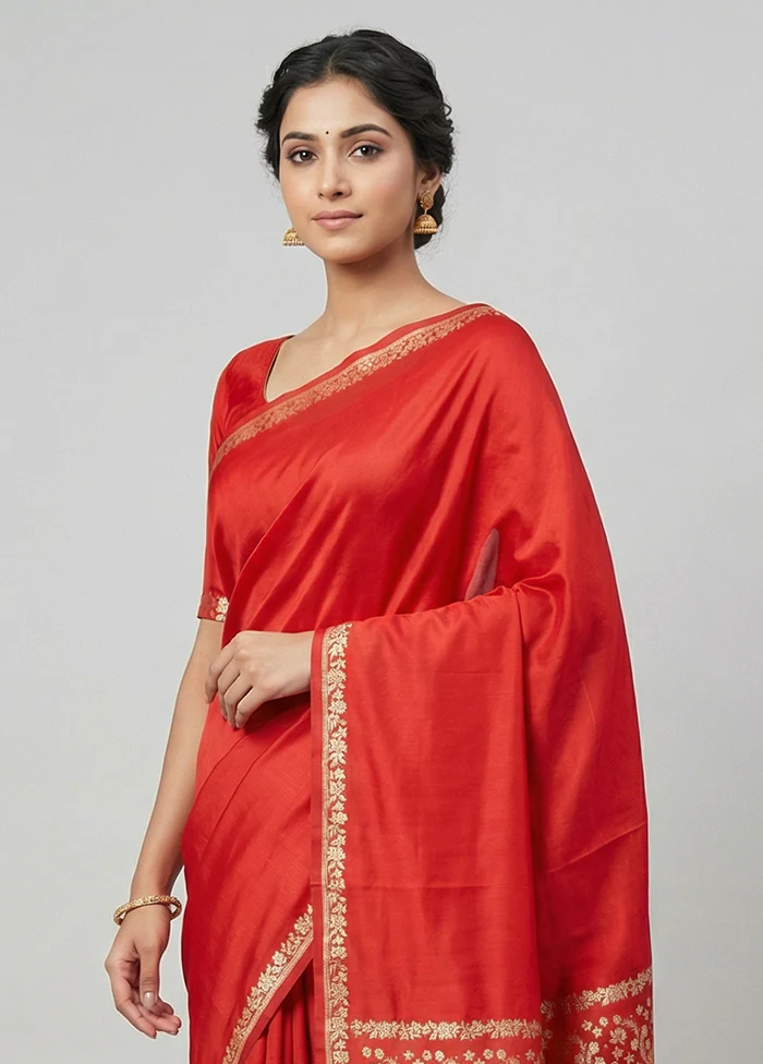 Red Katan Silk Saree With Blouse Piece - Image 2