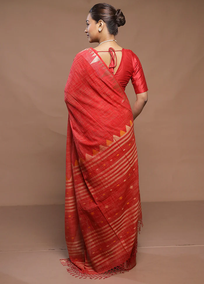 Red Cotton Saree With Blouse Piece - Image 3
