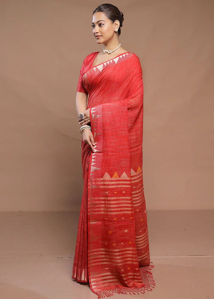 Red Cotton Saree With Blouse Piece - Image 4