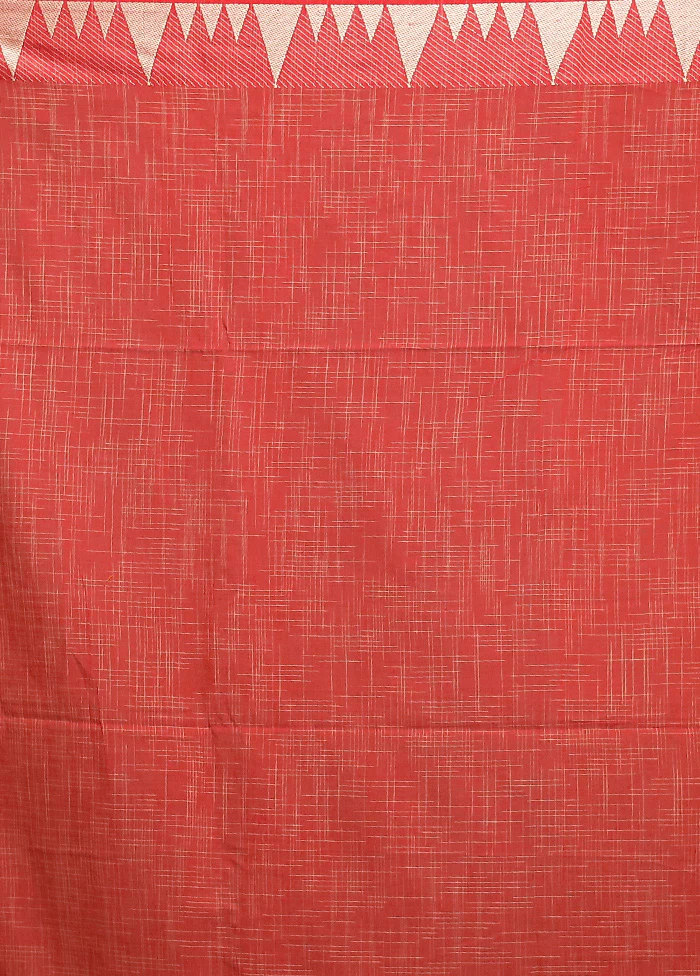 Red Cotton Saree With Blouse Piece - Image 5