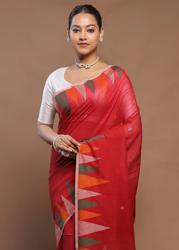 Red Cotton Saree With Blouse Piece - Image 2