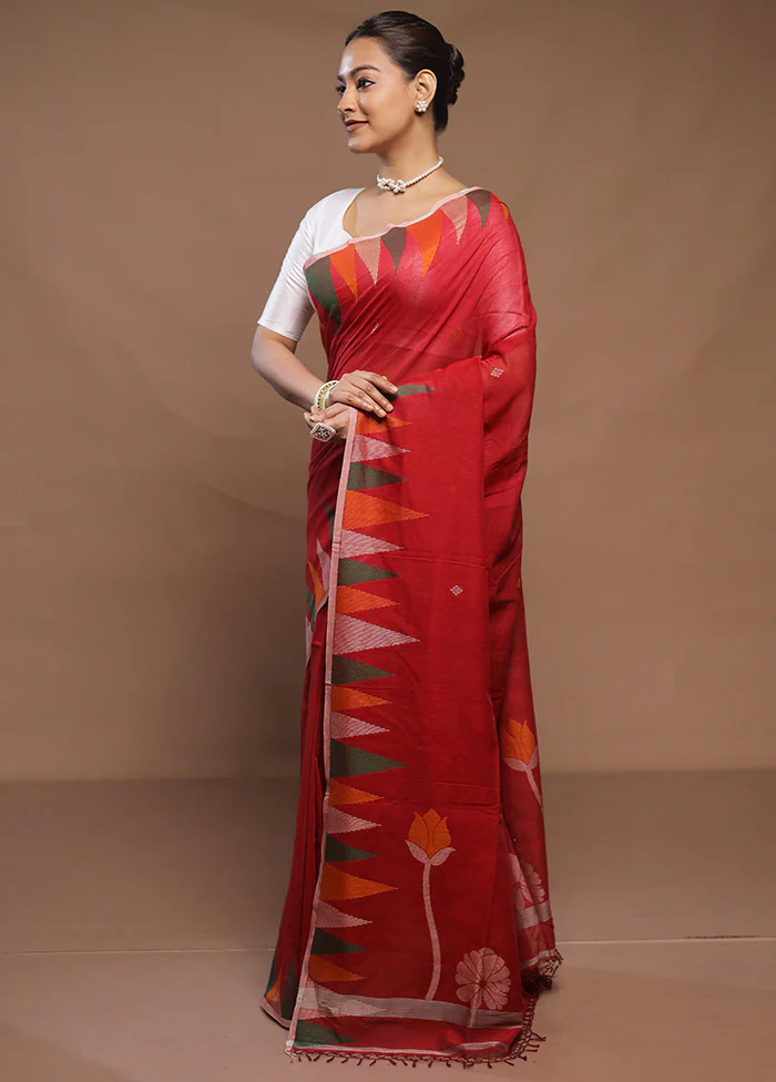 Red Cotton Saree With Blouse Piece - Image 4