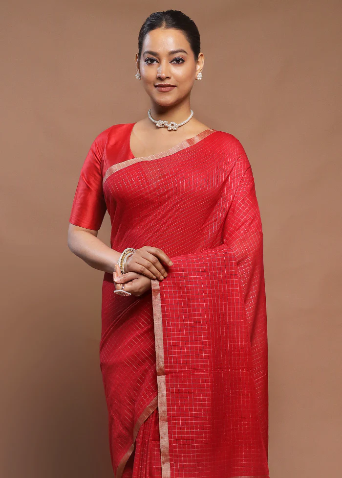 Red Cotton Saree With Blouse Piece - Image 2