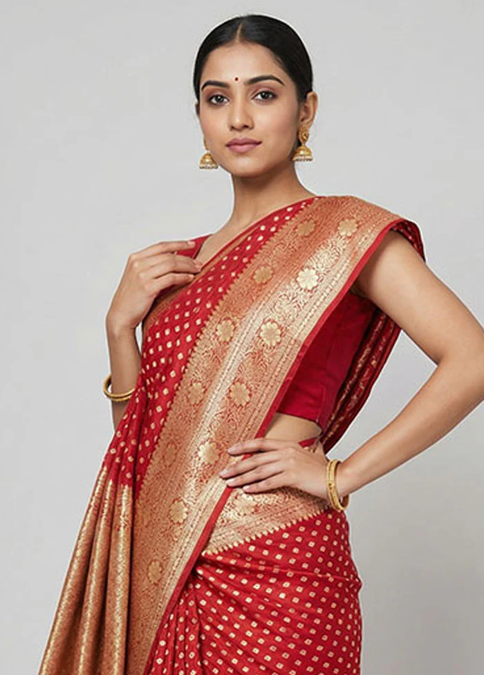 Red Kora Silk Saree With Blouse Piece - Image 2