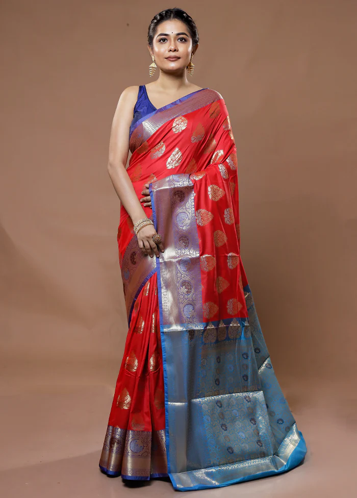 Red Kora Silk Saree With Blouse Piece - Image 3