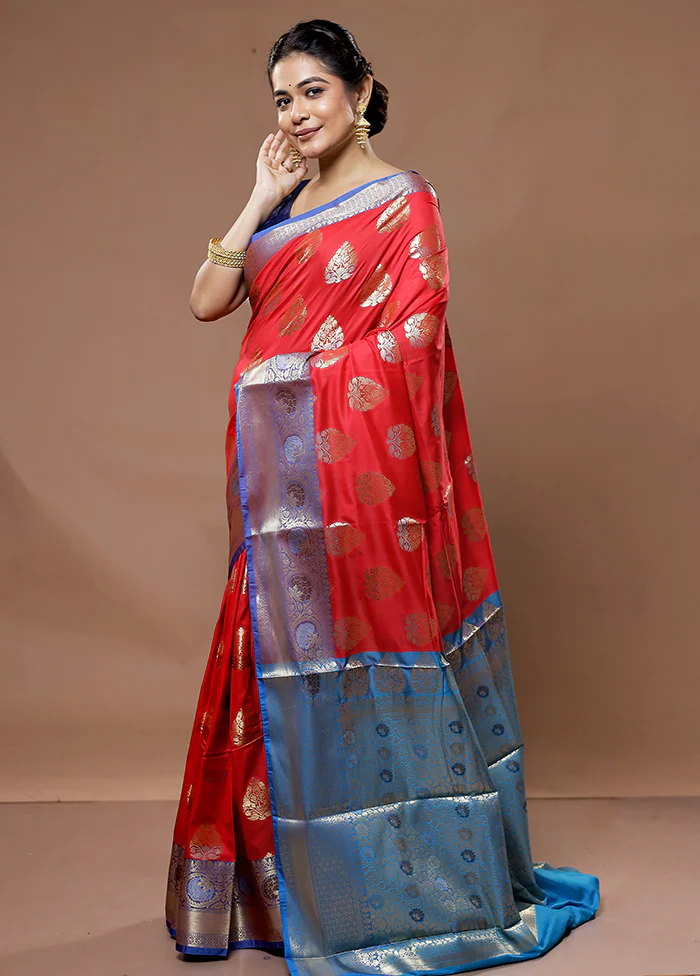 Red Kora Silk Saree With Blouse Piece - Image 5